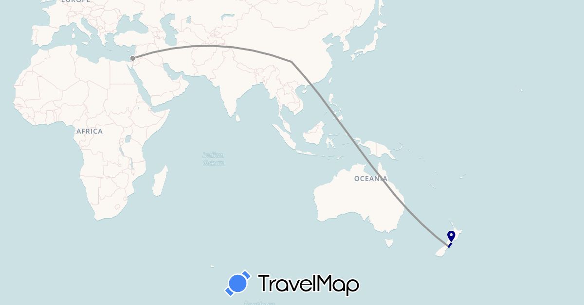TravelMap itinerary: driving, plane in China, Israel, New Zealand (Asia, Oceania)